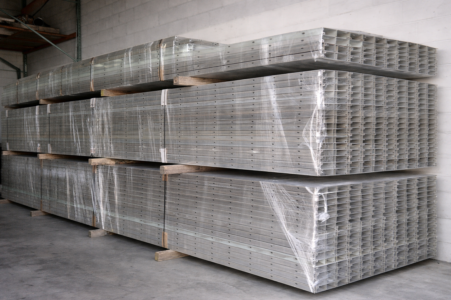 Stacks of hydrostripped extruded aluminum sign blanks stored in a warehouse at Northwest Sign Recycling