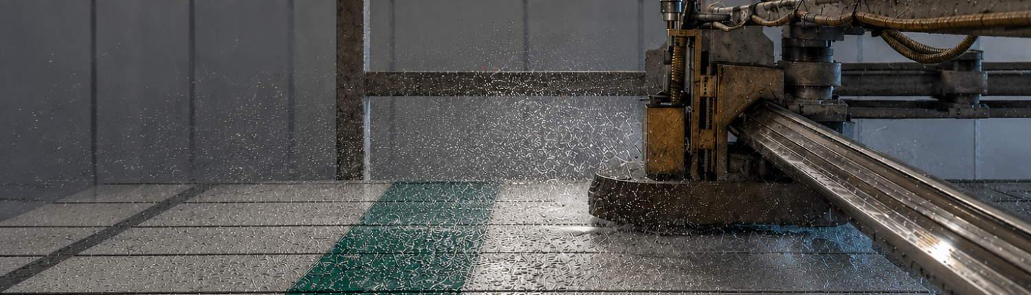 The hydrostripping process in action at Northwest Sign Recycling, where high-pressure water removes reflective sheeting from aluminum traffic sign material for recycling and reuse.