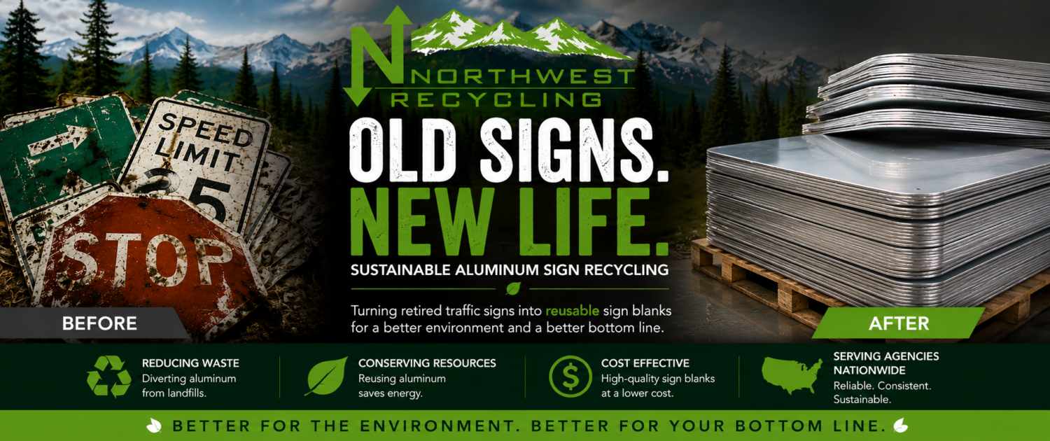 Before-and-after sustainability banner showing retired traffic signs transformed into reusable aluminum sign blanks by Northwest Sign Recycling.