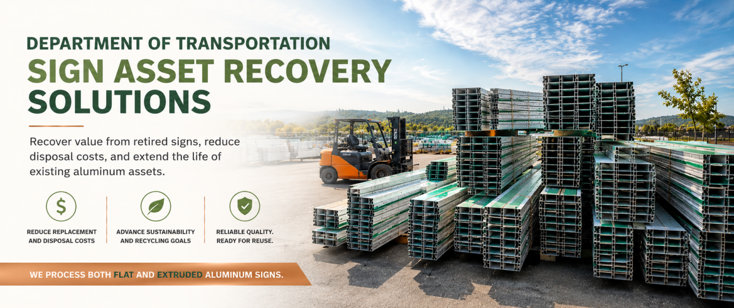 Department of Transportation sign asset recovery solutions featuring stacks of extruded aluminum highway sign panels and refurbished sign materials ready for reuse.
