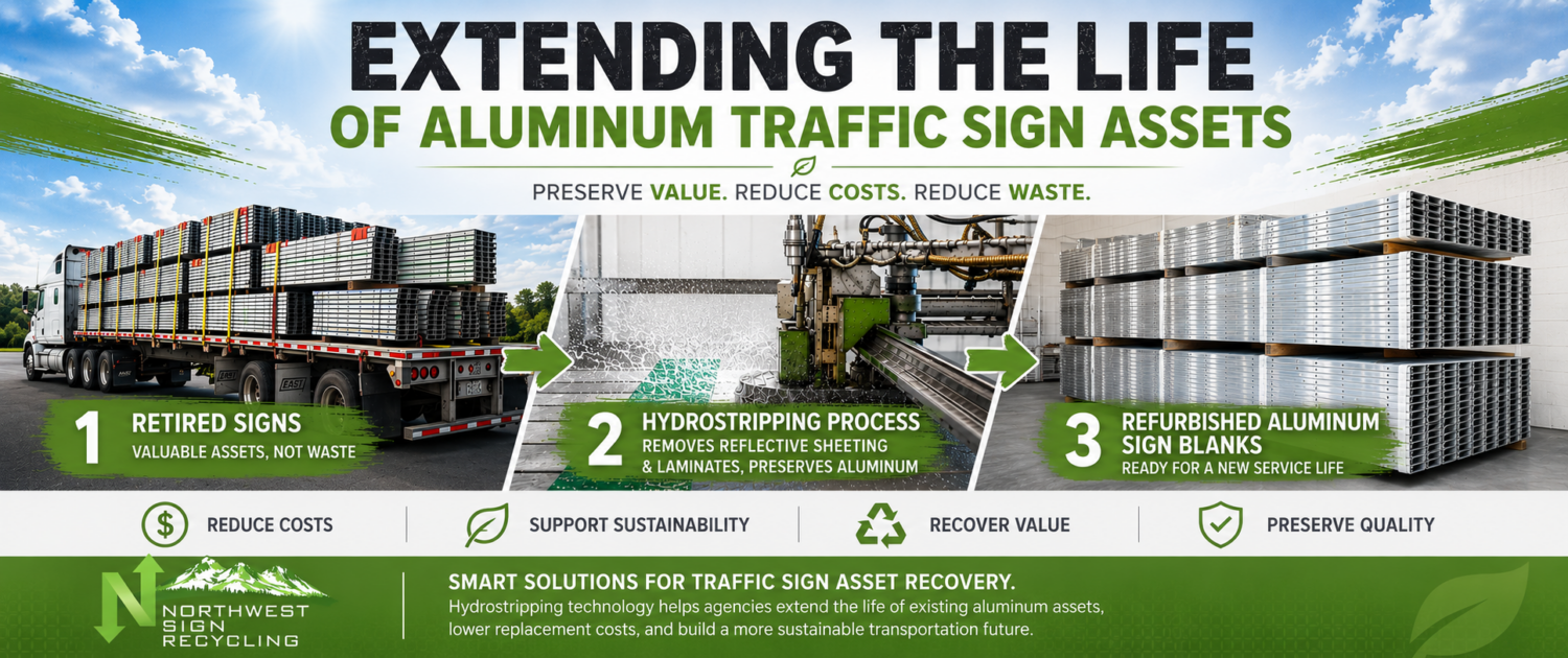 Northwest Sign Recycling hydrostripping technology removes old reflective sheeting from retired aluminum traffic signs so DOTs can reuse the sign blanks.