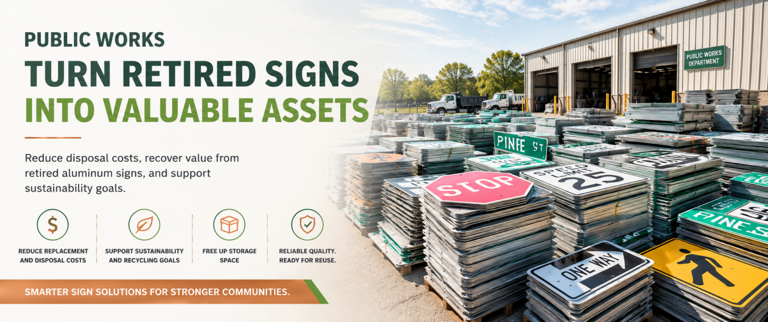 Public Works sign recycling solutions featuring retired aluminum traffic signs ready for asset recovery, reuse, and sustainable disposal.