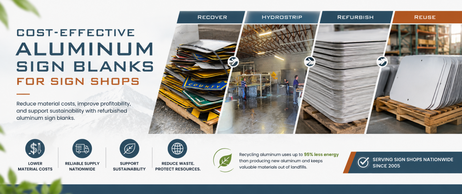 Cost-effective aluminum sign blanks for sign shops, showing retired traffic signs, hydrostripping operations, and refurbished aluminum sign blanks ready for reuse.