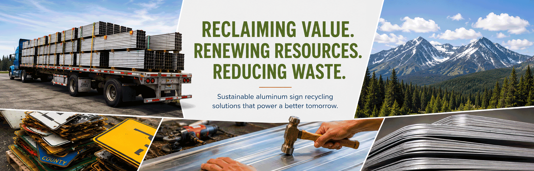 About Hero banner showing recycled aluminum traffic sign materials, hydrostripping, sign refurbishment, and sustainability benefits of Northwest Sign Recycling.