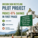 ODOT worker in a bucket truck installing a renewed aluminum traffic sign with headline highlighting Oregon sign recycling pilot project and 41% first-phase savings.