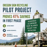 ODOT worker in a bucket truck installing a renewed aluminum traffic sign with headline highlighting Oregon sign recycling pilot project and 41% first-phase savings.