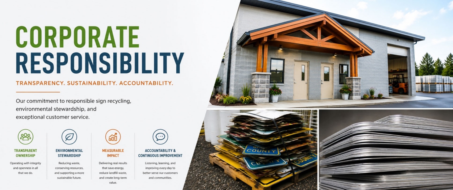 Northwest Sign Recycling corporate responsibility hero image featuring the company facility, incoming retired traffic signs, and processed aluminum sign panels, highlighting transparency, sustainability, and environmental stewardship.