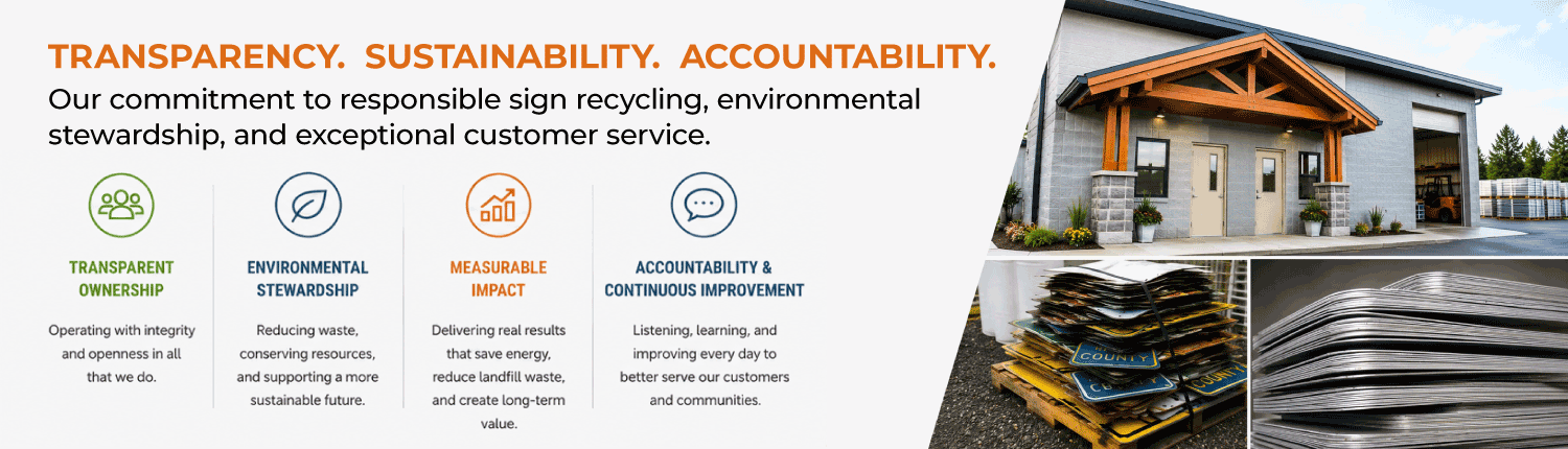 Corporate Responsibility Northwest Sign Recycling corporate responsibility hero image featuring the company facility, incoming retired traffic signs, and processed aluminum sign panels, highlighting transparency, sustainability, and environmental stewardship.