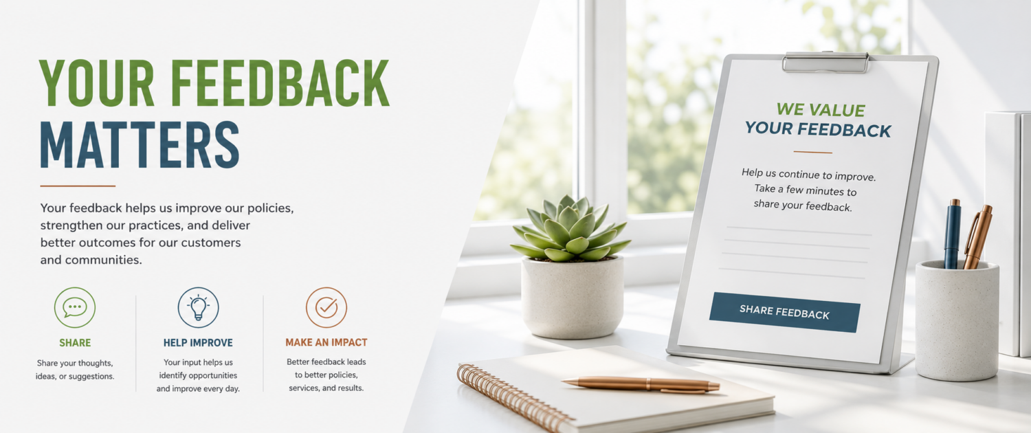 Feedback Policy hero image featuring a clean office workspace, feedback form, and customer engagement messaging that highlights Northwest Sign Recycling's commitment to continuous improvement and customer satisfaction.
