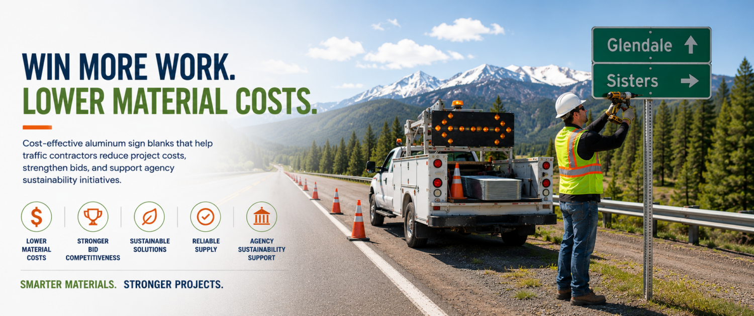 Traffic contractor installing a roadway sign beside a utility truck using aluminum sign blanks for cost-effective sign replacement and maintenance projects.